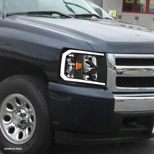 Vista 2 de 7422441821830 Compatible con Chevy Silverado 2007-2013 1500/2007-2014 2500 3500 HD DRL LED Strip Bar Faros delanteros con reflector ámbar
