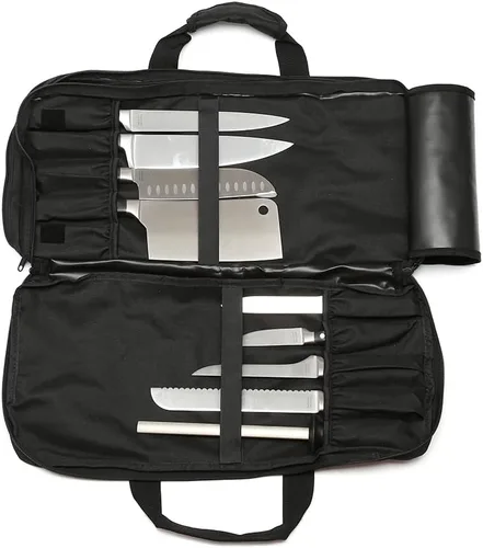 Vista 3 de EVERPRIDE 4 secciones – Negro – Bolsa para cuchillos de chef, 20 ranuras para cuchillos, 4 compartimentos de almacenamiento, funda culinaria