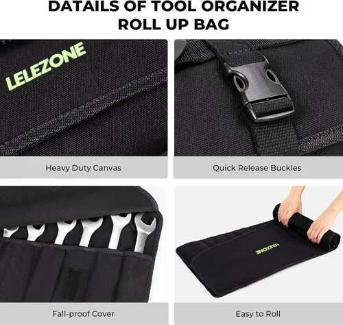 Vista 5 de lelezone Rollo de Llaves de Lona Resistente Bolsa Organizadora de Llaves de 19+1 Bolsillos, Bolsa Enrollable Portátil Todo-en-Uno para Mecánicos