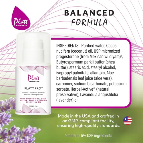 Vista 6 de Platt Pro Balance Cream con lavanda y aceites botánicos e ingredientes USP - 5% de progesterona, sin OMG, bomba de 3 onzas (3 onzas, lavanda)