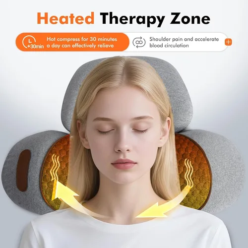Vista 4 de Almohada masajeadora de cuello 3 en 1, masajeador de tracción con masaje de compresión caliente, almohada de masaje joroba de cuello con cable extra