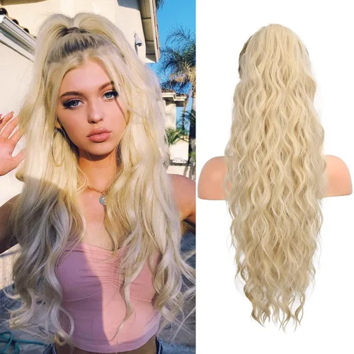 Vista 8 de FLUFYMOOZ Extensión de cola de caballo de 22 pulgadas, extensiones de cabello sintético ondulado largo y rizado para mujer