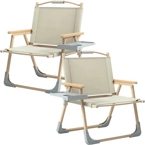 Vista 9 de 2 Pcs Folding Chairs with Side Storage Tray, Outdoor Foldable Chair with Storage Net Bag, Lounge Chair for Fishing Hiking Beach Patio(Beige,Large)