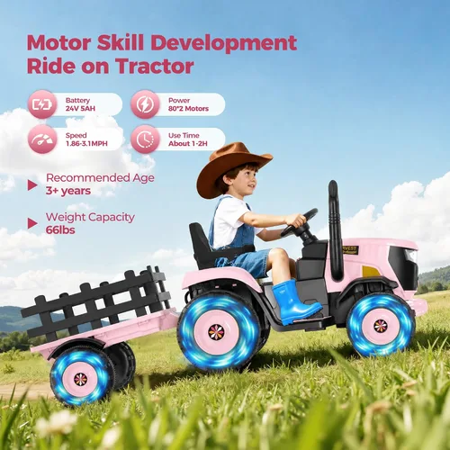 Vista 5 de Tractor de paseo de 24 V para niños, remolque desmontable, rosa