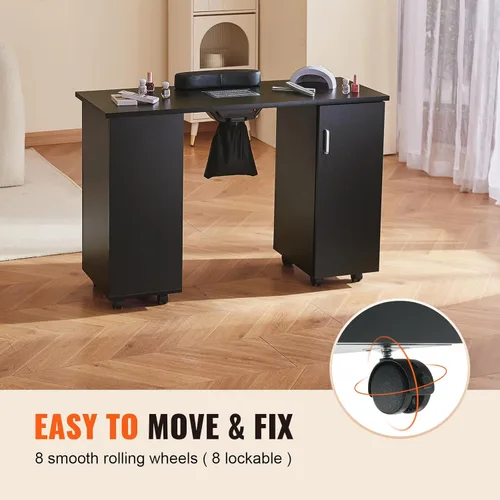 Vista 4 de VEVOR Mesa de manicura para uñas, estación móvil de uñas con potente colector de polvo, escritorio de tecnología de uñas de MDF con 8 ruedas