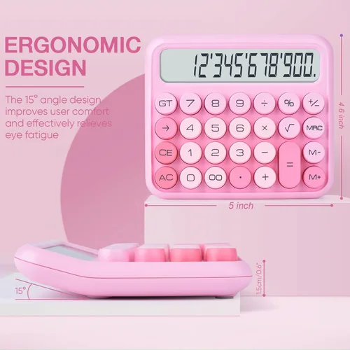 Vista 2 de Interruptor mecánico calculadora rosa de 12 dígitos - Pantalla LCD grande, botones grandes, escritorio, lindo, para uso diario