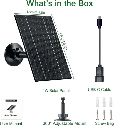 Vista 2 de Zivif Panel solar de 4 W para cámaras de seguridad, cargador solar de 5 V con puertos micro USB/USB-C, impermeable IP65, montaje ajustable de 360°
