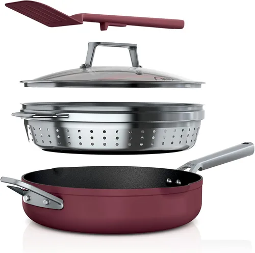 Ninja, juego de utensilios de cocina, vaporera, cesta colador, tapa de vidrio y espátula, Foodi NeverStick PossiblePan, juego premium con sartén de