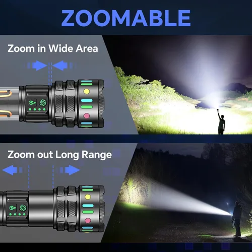 Vista 4 de Linternas recargables de alto lúmenes 10000, luz LED súper brillante de larga duración, linterna de camping con 13 modos, impermeable, ajustable LED