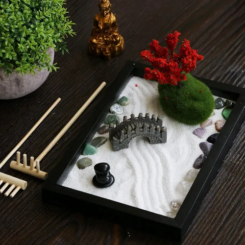 Vista 5 de Mini kit de jardín zen de meditación, mesa japonesa, roca, arena, chakra, buda, jardín, hogar, oficina, escritorio, decoración de escritorio