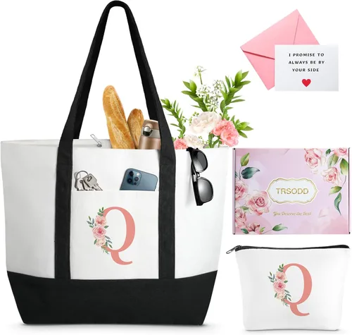 Vista 18 de TRSODD Regalos de cumpleaños para mujer, bolsa de lona con inicial con correa ajustable para el hombro y bolsa de maquillaje, regalos para mamá