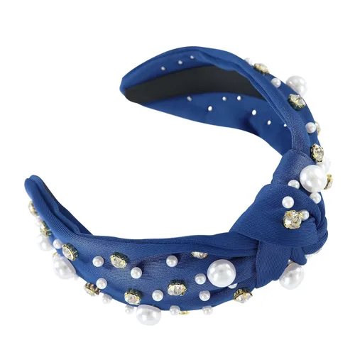 Vista 4 de Diadema anudada de perlas para mujer, diadema con brillantes diamantes de imitación, adornada con cristales, diadema ancha con nudo, accesorio