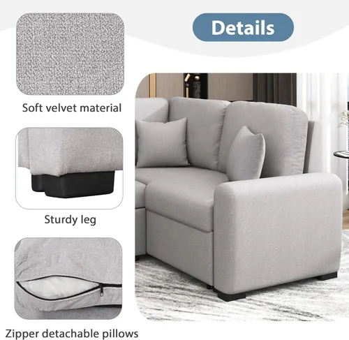 Vista 17 de Sofá modular en forma de L de 100.7 pulgadas con otomana extraíble, modernos sofás de 3 plazas con dos reposabrazos y patas de metal, cómoda tela