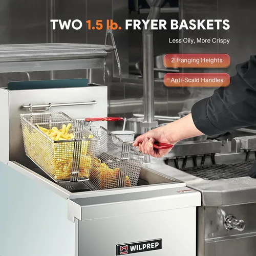 Vista 4 de WILPREP Freidora comercial de suelo de gas, freidora comercial de 3 quemadores con 2 cestas 90000 BTU 40 lb. Capacidad 400 °F Temperatura constante