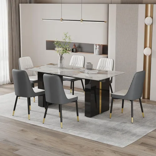 Vista 6 de Mesa de comedor moderna para mesa de comedor de mármol sintético blanco de 6, 8, 71 pulgadas, con patas negras y doradas, mesa de cocina rectangular