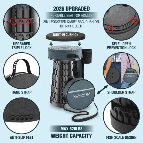 Vista 3 de NUMANU Taburete plegable mejorado 2025 y bolsa de transporte acolchada 3 en 1, altura ajustable de 2.5 a 18 pulgadas, máximo 620 libras, asiento