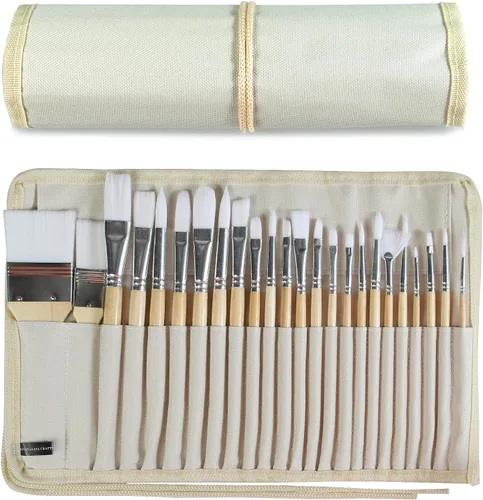 Juego de 24 pinceles de pintura con mango de madera con estuche de pincel de lona, profesional para pintura al óleo, acrílico y acuarela