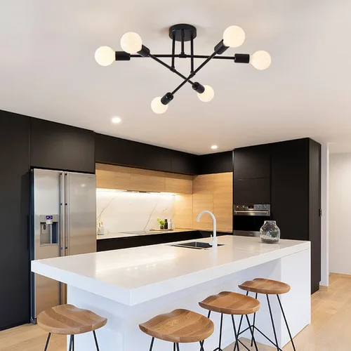 Vista 7 de Lámpara de techo semiempotrada, 6 luces modernas Sputnik lámpara de techo con base de bombilla E26, accesorios de iluminación para dormitorio, Negro