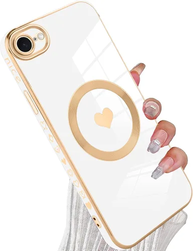 Vista 12 de tharlet Funda Magnética para iPhone 11 [Compatible con Magsafe] Lindo Corazón de Amor de Lujo Chapado Borde Dorado Parachoques con Lente de Cámara