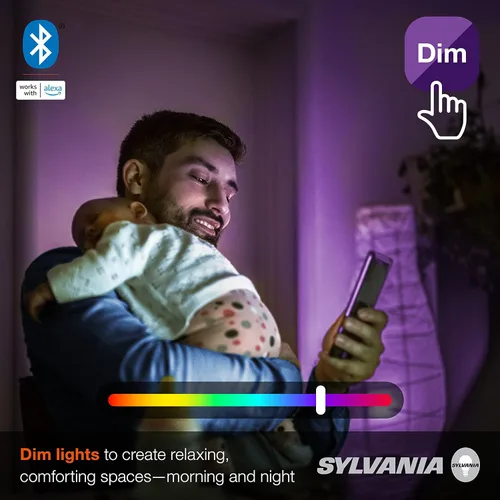 Vista 4 de SYLVANIA (75760) - Bombilla LED inteligente con malla Bluetooth, ajuste de un solo toque, equivalente a A19 60 W, E26, RGBW a todo color y blanco
