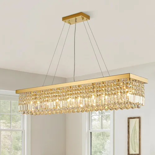 Vista 11 de Siljoy Candelabro de Cristal Moderno de 6 Luces Rectangular Dorado K9 Candelabro de Cristal en Forma de Gota de Lluvia para Comedor, Lámpara
