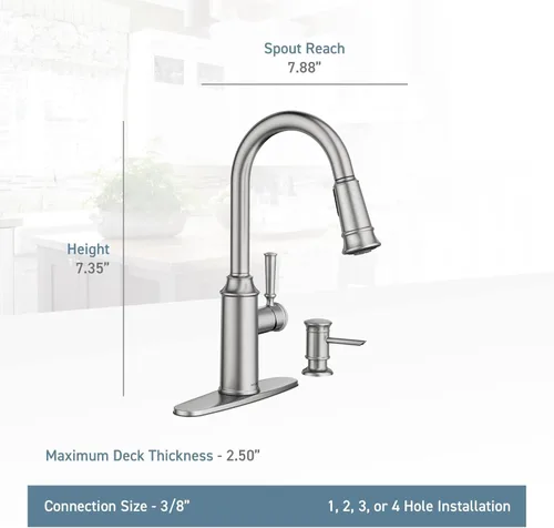 Vista 6 de Moen 87731SRS Glenshire - Grifo de cocina de arco alto con dispensador de jabón, resistente a las manchas, acero inoxidable