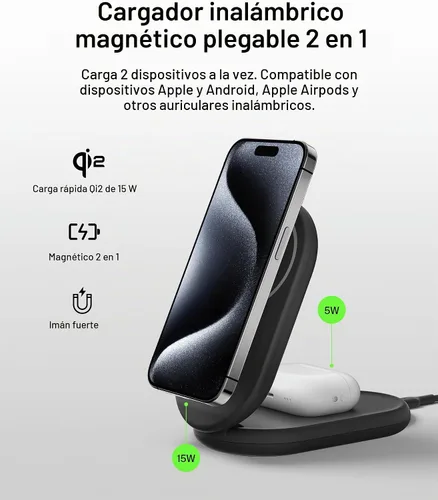 Vista 2 de Belkin Cargador Compatible con MagSafe, Cargador Magnético Plegable 2 en 1 de 15W - Carga Inalámbrica Certificada Qi2 para Apple iPhone 16, Apple