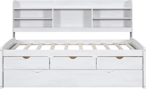 Vista 219 de Quarte Elegante cama de plataforma con estanterías en forma de L, cama de plataforma de madera tamaño individual con 2 cajones de almacenamiento