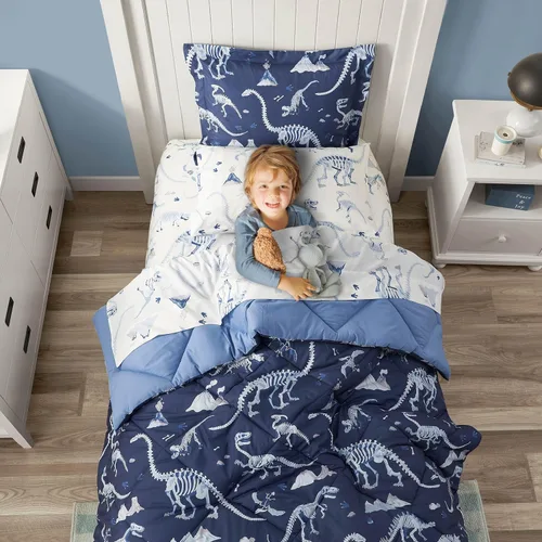 Vista 3 de PPOLCA Juego de edredón de dinosaurio azul tamaño individual para niños, ropa de cama de 5 piezas con sábanas y funda de almohada, súper suave