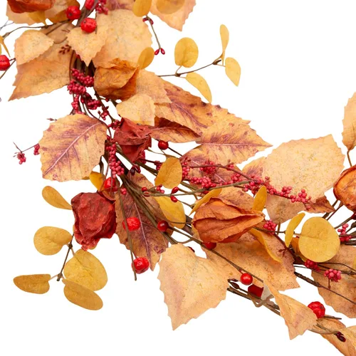 Vista 4 de Guirnalda de otoño de 5 pies, guirnalda de hojas artificiales de otoño, cosecha, festival, decoración de otoño con hojas de otoño y grosellas