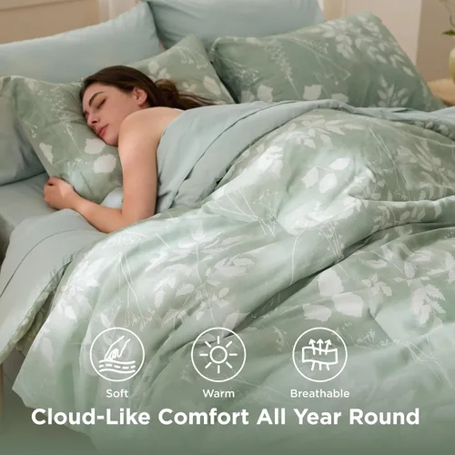Vista 4 de Bedsure Juego de ropa de cama con edredón tamaño individual de 5 piezas, diseño floral, color verde salvia suave, con edredón, sábanas, funda