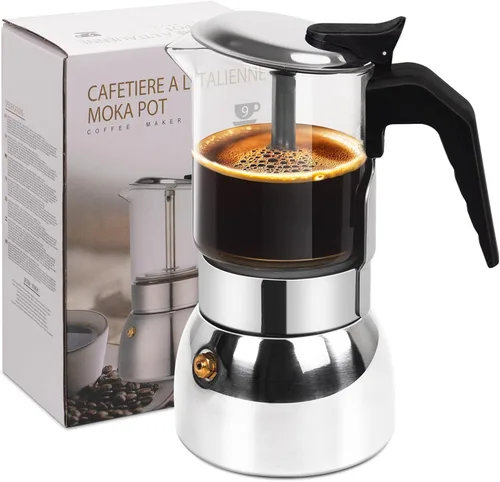 Vista 10 de Cafetera de 4 tazas de vidrio transparente, olla de moka de acero inoxidable 304 espesado para estufa, máquina de café italiana, cafetera Greca