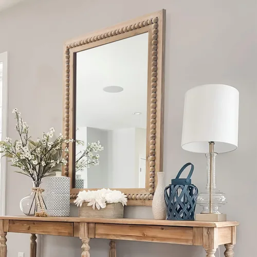 Vista 6 de H HOMEWINS Espejo rectangular rústico, espejo de madera de granja de 22 x 30 pulgadas, estilo bohemio, para baño, decoración de cuentas naturales