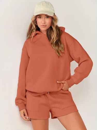 Vista 5 de ANRABESS Conjunto de 2 piezas para mujer, sudadera con capucha de gran tamaño, pantalones cortos, sudadera para descansar, ropa deportiva de moda