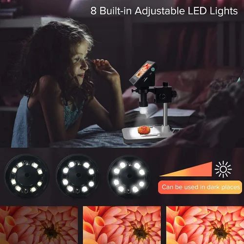 Vista 4 de Microscopio digital LCD de 4.3 pulgadas para suministros de colección de monedas, lupa de monedas 10X-1000X con 8 luces LED ajustables para niños