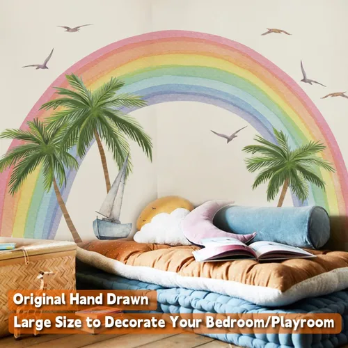 Vista 3 de funlife Calcomanías de Pared de Tela Grandes de Medio Arcoíris Despegar y Pegar para Dormitorio de Niñas, Golden Shores Coco