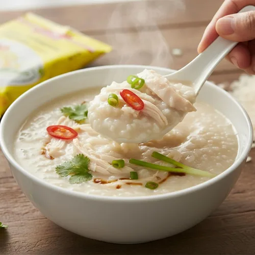 Vista 3 de VIFON Gachas de pollo instantáneas (sabor a pollo), bolsa de congee, 1.76 oz Paquete de 50 Certificado Halal Gachas de arroz instantáneo