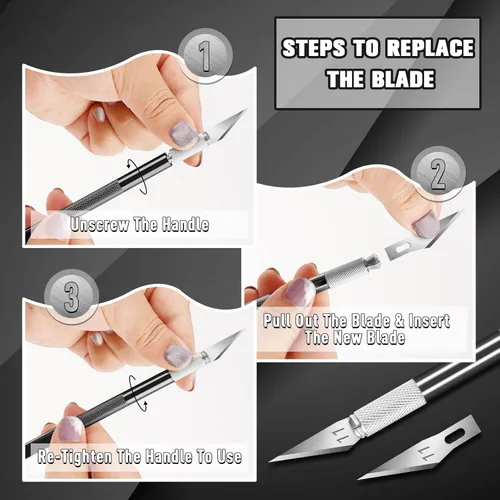 Vista 7 de DIYSELF Juego de 2 cuchillos Exacto para manualidades, arte y cuero - Cuchillo de precisión con 20 cuchillas #11 (negro)