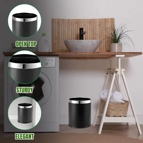 Vista 5 de Cubo de basura de metal 'Invisi-Overlap', papelera de oficina pequeña con parte superior abierta, forma redonda (negro)