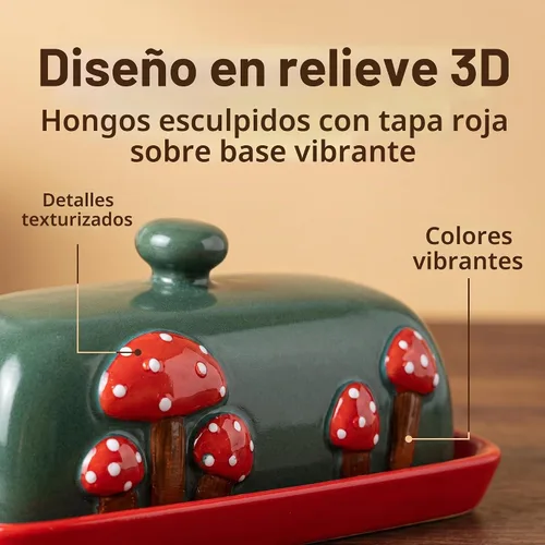 Vista 3 de Mantequera de Cerámica en Forma de Seta con Tapa para Encimera - Bandeja de Contenedor Rojo, Grande Cubierta