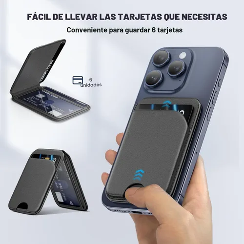 Vista 2 de Cartera Mag-Safe magnética para teléfono Cartera magnética ligera para teléfono con soporte ajustable de cuero con soporte para tarjetas Mag-Safe