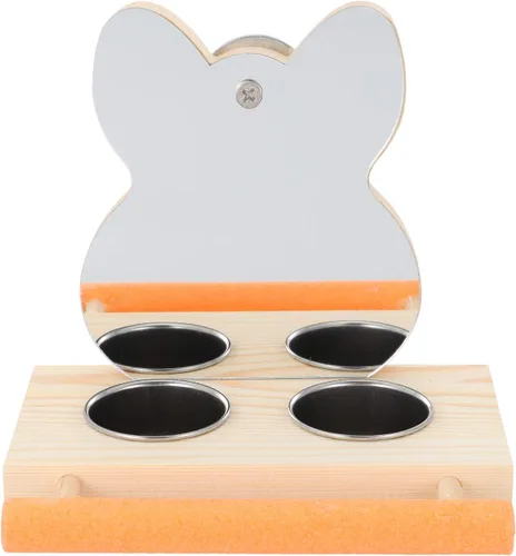 Vista 6 de Espejo de loro con cuenco de comida de agua, soporte de madera, accesorio de jaula para alimentación, periquitos