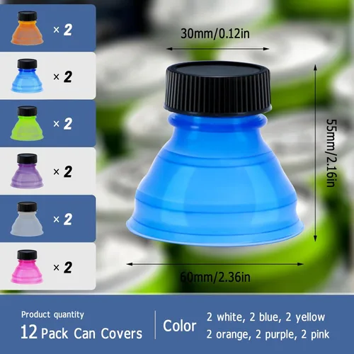 Vista 2 de Paquete de 12 fundas para latas, tapas reutilizables para botellas de latas, tapas para refrescos, bebidas carbonatadas, cerveza, bebidas