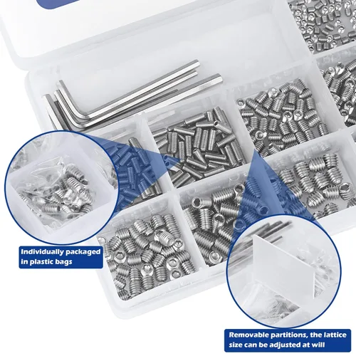 Vista 6 de Kit de Surtido de Tornillos de Fijación de 1000 piezas Métrico + SAE, Juego de Tornillos Allen de Punta de Copa con Hexágono Interior de Acero