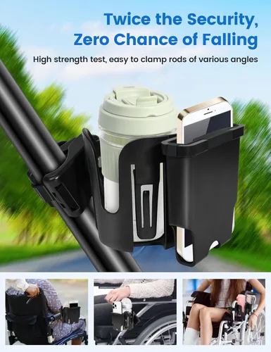 Vista 3 de Portavasos para silla de ruedas con soporte para teléfono, soporte para tazas 2 en 1, abrazadera giratoria de 360° con protección contra golpes