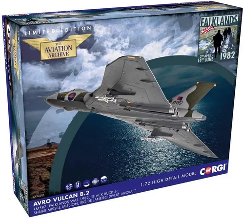 Corgi Diecast Avro Vulcan B2 XM597 'Black Buck 6' Falklands War 1982 1:72 British Military Aircraft Display Model AA27206, Green & Gray