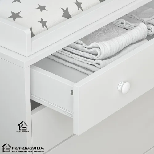 Vista 5 de AIEGLE Cómoda de bebé para guardería, cómoda de dormitorio blanca con 5 cajones y estantes de almacenamiento, cómoda de madera para almacenamiento