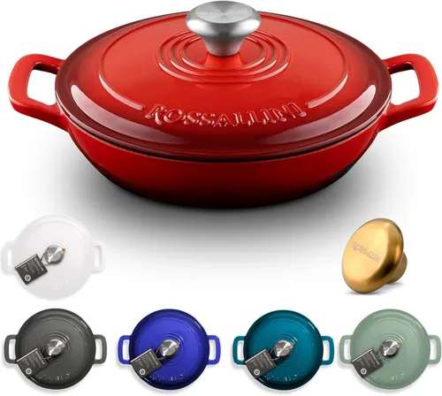 Vista 12 de ROSSALLINI Brasera de Hierro Fundido Esmaltada Signature, Olla de Servir Antiadherente con Tapa de Cierre Hermético para Asado Perfecto, Horneado