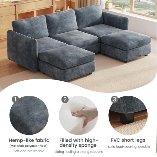 Vista 120 de Guyii Sofá modular de terciopelo, moderno sofá de 4 plazas de gran tamaño con 3 almohadas y reposapiés de almacenamiento, sofá convertible de 115.74