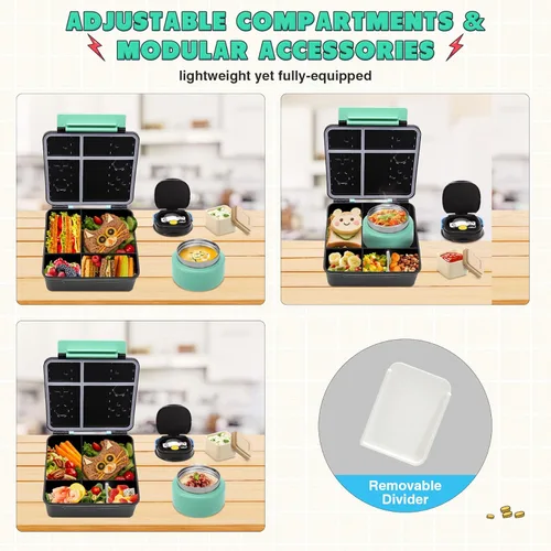 Vista 4 de Caja Bento Game para niños, lonchera con termo (tarro de comida de 9 onzas), cuchara plegable, divisor extraíble y taza de salsa, lonchera infantil